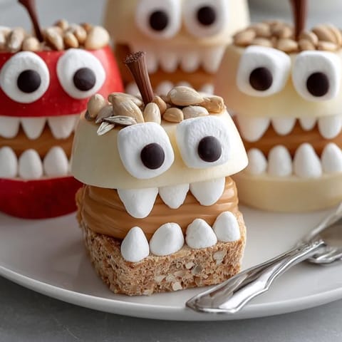 Close-up of Apple Monster Mouths: Spooky Halloween treat with peanut butter and marshmallow fangs.