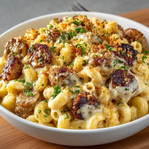 Bowl of comforting, cheesy vegan bratwurst mac & cheese; plant-based comfort food.