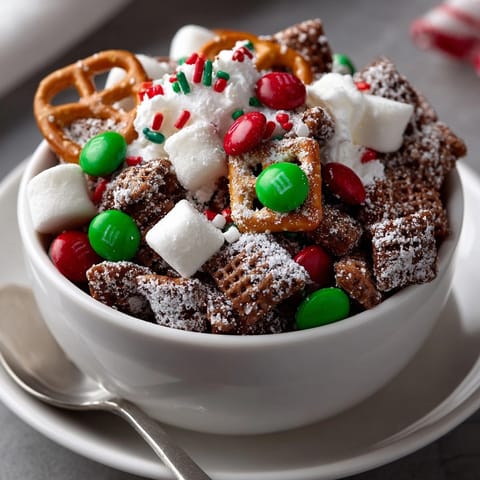 Homemade Reindeer Chow, coated in peanut butter and chocolate then dusted with powdered sugar.