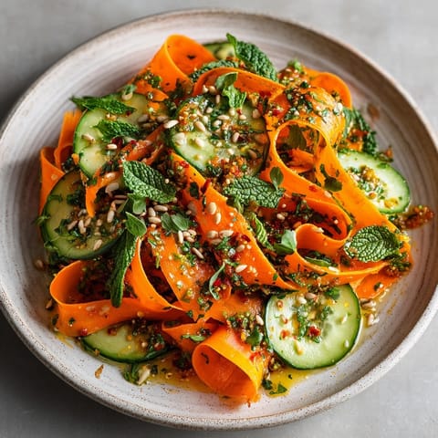 Close-up of the vibrant Raw Carrot Ribbon Salad, showcasing the textures of seeds.