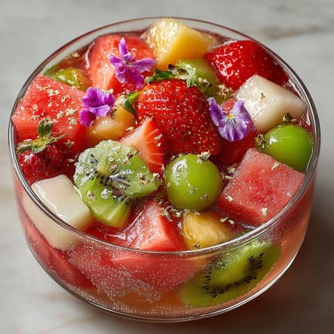 Homemade Hwachae recipe: refreshing summer drink with fruits and sweet floral syrup.