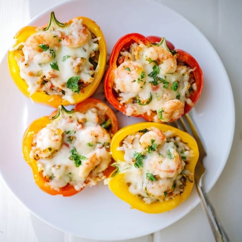Warm and comforting Shrimp Alfredo Stuffed Bell Peppers, ready to be served with fresh parsley.