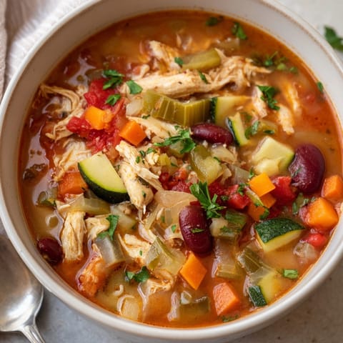 A vibrant bowl of Cajun Turkey Veggie Soup steaming with rich turkey broth.