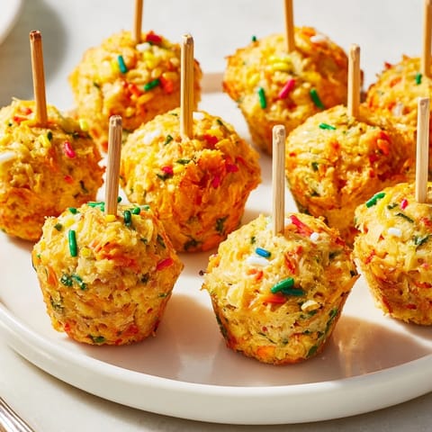 Colorful sprinkles enhance these Chili Garlic Funfetti Muffin Pops for fun snack occasions.  