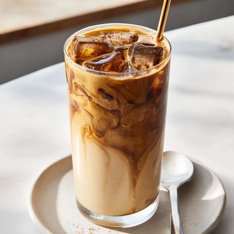 Deliciously creamy tahini iced coffee served over ice and drizzled with maple.  