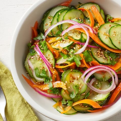 Cucumber salad remix featuring thinly sliced onions and a savory Asian-inspired dressing.  