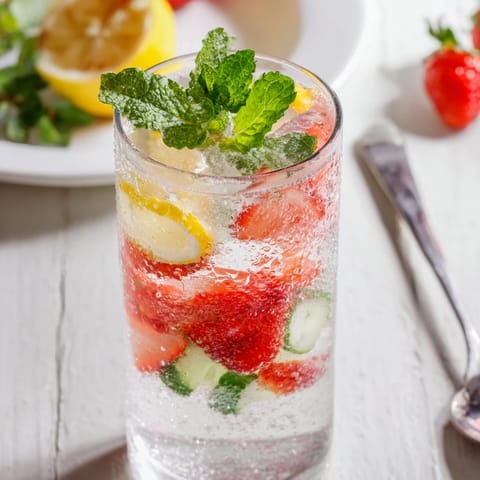 Colorful strawberry and cucumber water mocktails served in tall glasses with ice.  