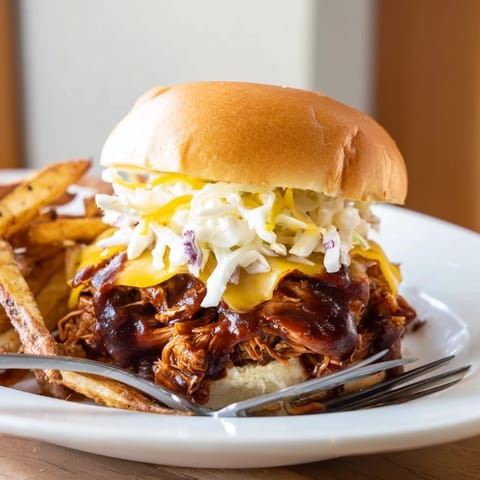 Juicy BBQ Chicken Sliders melting cheddar cheese, served alongside crispy golden fries.  