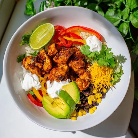 A close-up of sheet pan chicken burrito bowls showcases seasoned chicken and vibrant roasted vegetables.