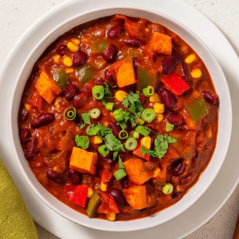 Close-up of hearty veggie chili with vibrant vegetables and a delicious, spicy aroma.