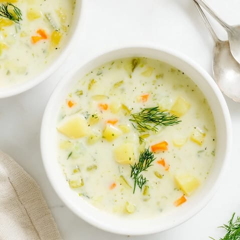 A steaming bowl of creamy dill pickle soup, garnished with fresh dill, ready to eat.