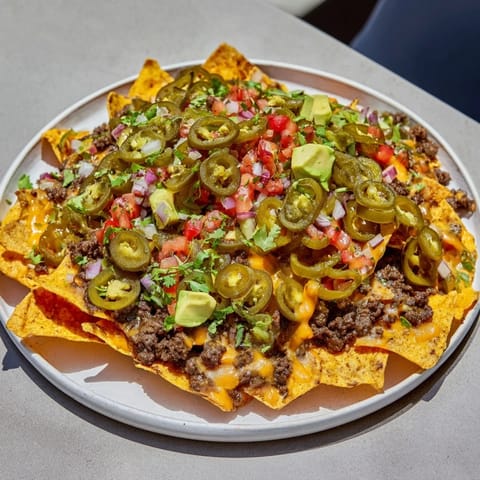 Warm, crispy Sheet Pan Nachos overflowing with seasoned beef, melted cheese, and fresh, vibrant garnishes.