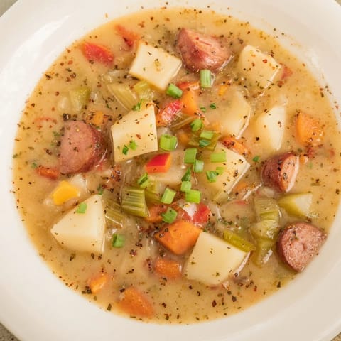 A steamy bowl of Slow Cooker Cajun Potato Soup, garnished with green onions, ready to devour and enjoy.