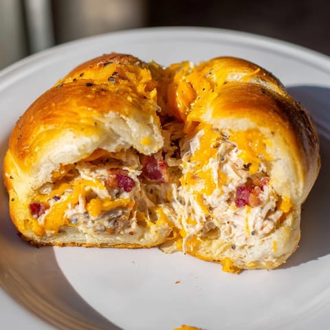 Warm, gooey cheese melting around the savory Cheesy Chicken and Bacon Crescent Rolls, ready to eat.