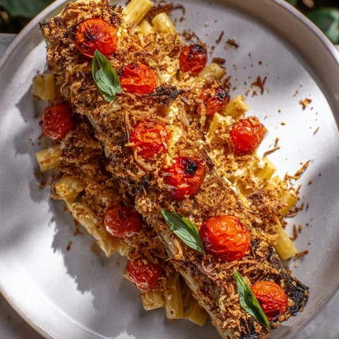 A beautiful view of the Baked Goat Cheese Snowflake Tomato Basil Pasta, perfect for a cozy dinner.