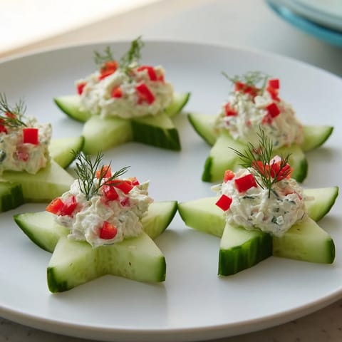 Brightly colored Cucumber and Dill Christmas Stars, festively arranged on a platter, ready to be enjoyed.