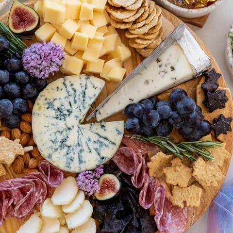 Celestial Night Board recipe photo: a beautifully arranged grazing board with artisan cheeses, fruits, and star-shaped candies.