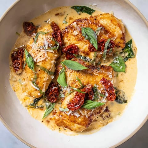 Golden chicken breasts bathed in a rich, creamy sun-dried tomato sauce: a delicious skillet.