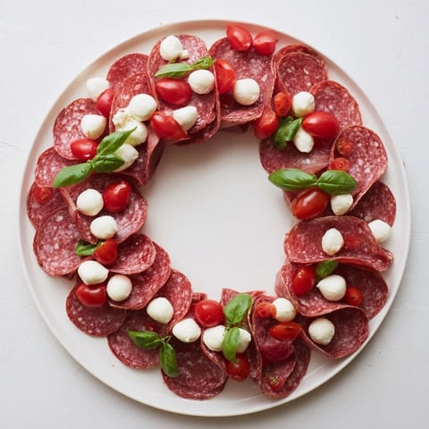 A vibrant close-up shows a folded salami wreath, garnished with fresh basil for a savory charcuterie board.