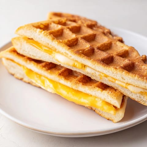 A close-up of a Waffle Grilled Cheese, showing the waffle-iron pattern and bubbling cheese.