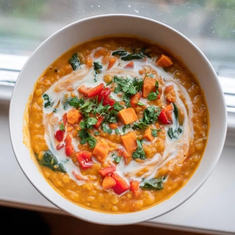 Creamy, flavorful Lentil Red Curry Soup with vegetables and a vibrant red hue, perfect comfort food.