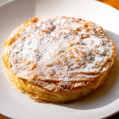 Golden and flaky Moroccan Pastilla Pie, a savory meat pie dusted with powdered sugar, ready to serve.