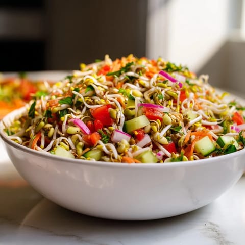 Close-up of a refreshing Sprouted Seed Salad, featuring crisp cucumber, red bell pepper, and grated carrots tossed in a zesty lemon dressing.
