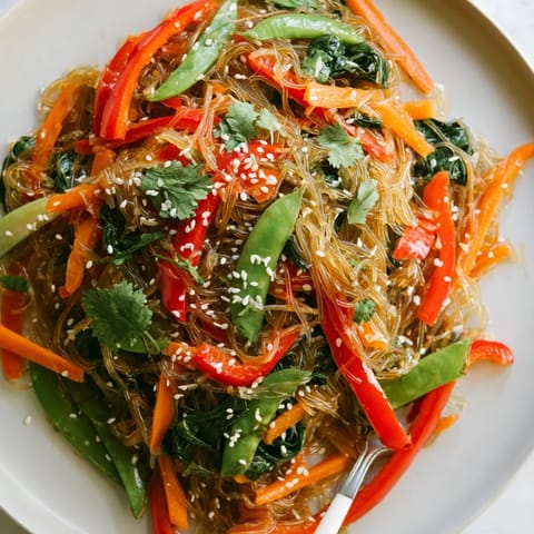 Healthy vegan Kelp Noodle Stir-Fry featuring crunchy noodles, sautéed veggies, and fresh cilantro garnish in a bowl.