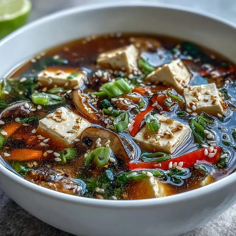 Steaming bowl of Tofu and Vegetable Soup with vibrant veggies and silken tofu.