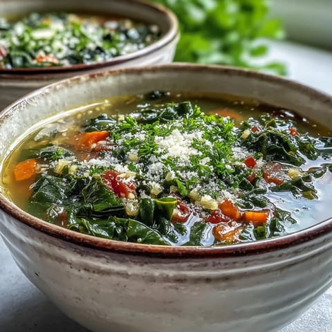 Swiss Chard Soup steaming in a white bowl, garnished with fresh parsley and a lemon wedge on the side.