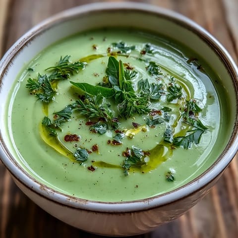 Bright green Zucchini Soup in a rustic bowl, garnished with olive oil swirls and fresh parsley.