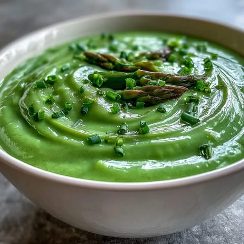Creamy homemade Asparagus Soup garnished with fresh chives and tender asparagus tips in a white bowl.