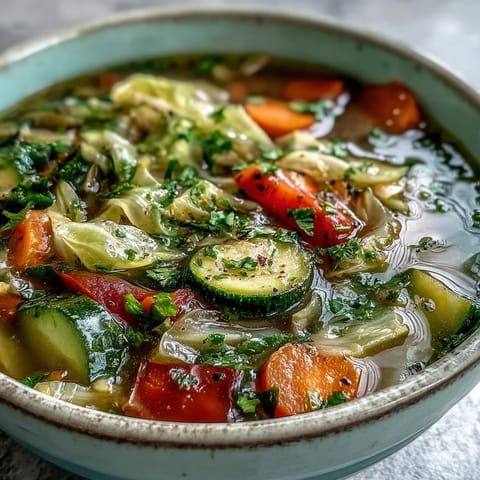 Bright green cabbage, carrots, and tomatoes simmer in a steaming pot of hearty, vegan Cabbage Soup, ready to serve.