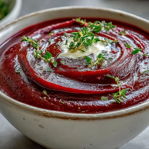 Roasted beet soup with a swirl of cream, fresh thyme, and vibrant red color, served in a rustic white bowl.