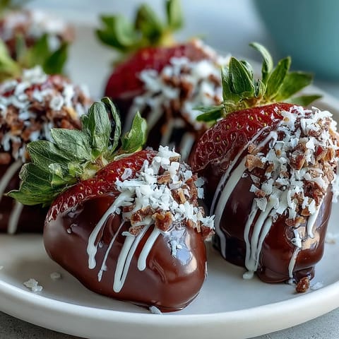 A close-up of freshly dipped chocolate covered strawberries with vibrant red berries.