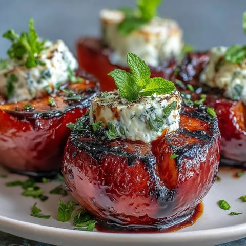 Warm Balsamic-Goat Cheese Grilled Plums served on a rustic platter, perfect as an elegant appetizer.