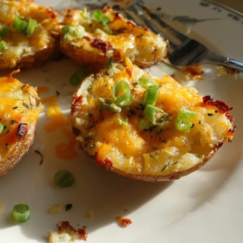 Crispy smashed green onion potato bombs topped with melted cheese and herbs.  