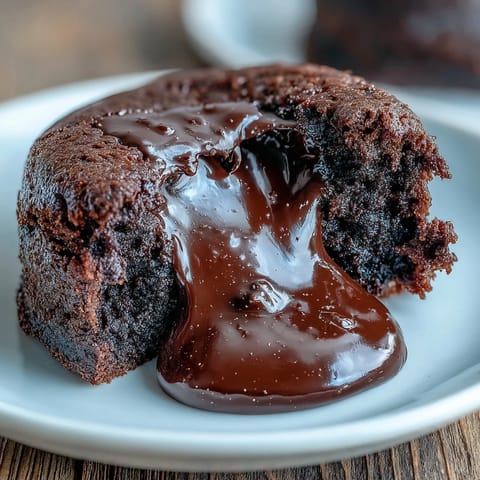 Four warm Chocolate Lava Cakes with Espresso sit on white plates, showcasing their rich molten centers and dusted cocoa tops.
