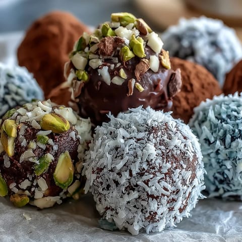 Two rich chocolate truffles on a plate with a glass of dessert wine.