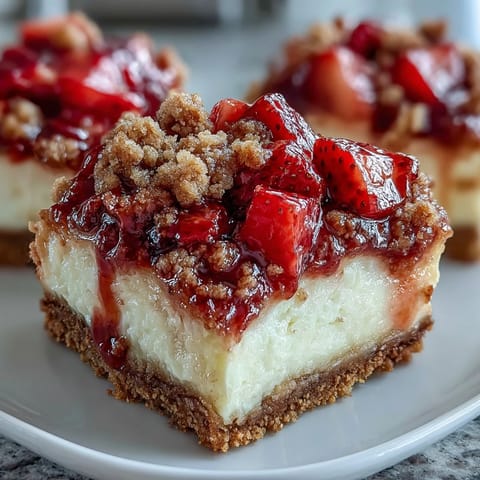 A close-up view of Strawberry Cheesecake Bars, featuring a creamy cheesecake layer and vibrant red berries ready to serve.