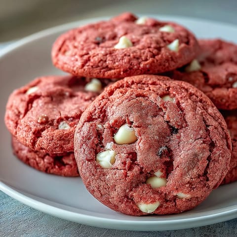 Stack of warm Pink Velvet Cookies with gooey white chocolate chips, ideal for a sweet treat or holiday cookie exchange.