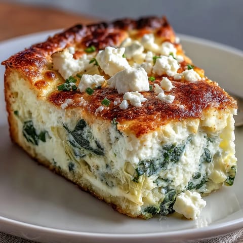 Creamy High Protein Spinach Artichoke Bake reveals green spinach and tender artichoke hearts in a slice.