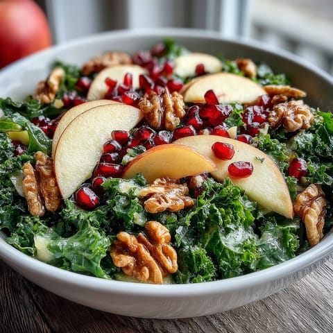 Two beautiful servings of a Kale and Pomegranate Bowl featuring tender greens, crisp apple slices, ruby-red seeds, and chopped walnuts ready for a healthy lunch or side dish.