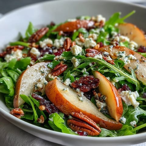 Arugula and Pear Bowl salad drizzled with sweet balsamic dressing, served as a refreshing vegetarian starter for four.