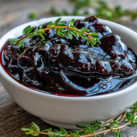 A glossy Black Currant Reduction sauce is drizzled over roasted duck breast for a tangy-sweet finish.