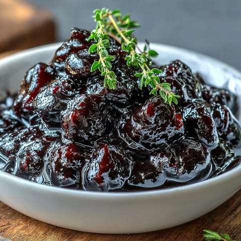 In a small saucepan, simmering Black Currant Reduction emits steam featuring deep purple fruit and aromatic herbs.