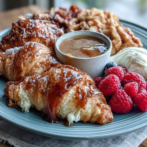 Vibrant Mothers Day brunch board with flaky pastries, fresh fruit, and mimosas for a festive morning celebration.