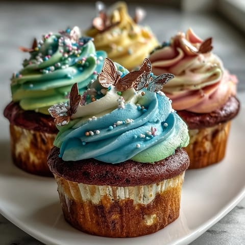 Delicate vanilla cupcakes topped with pastel butterfly buttercream and charming butterfly decorations—perfect for spring celebrations.