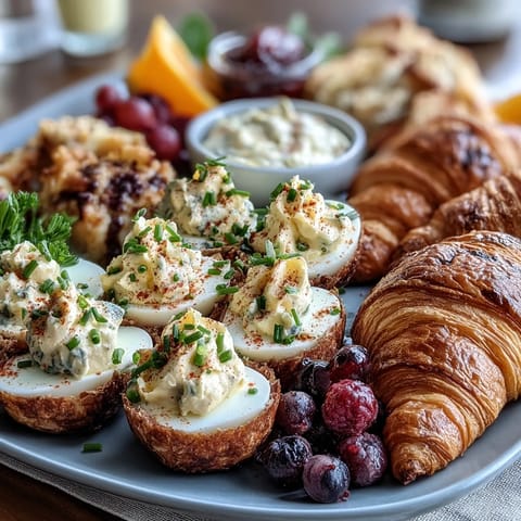 Easter Brunch Board with Deviled Eggs, Fruit, and Pastries