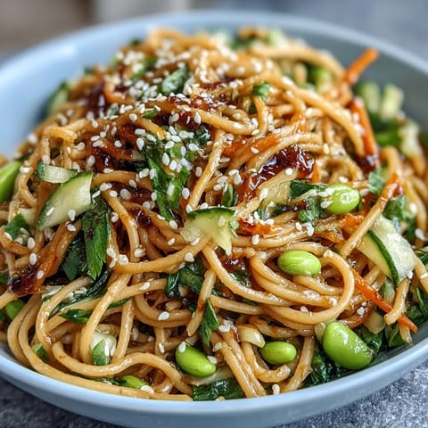 Vibrant sesame ginger noodle bowl packed with shredded cabbage, edamame, and crunchy carrots in a zesty ginger dressing.  
